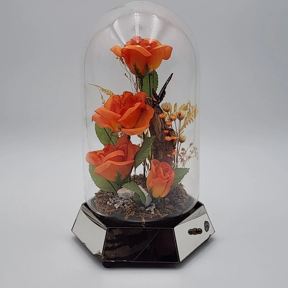 Vintage Glass Dome Floral Cloche with Butterfly Dried & Orange‎ Faux Flowers